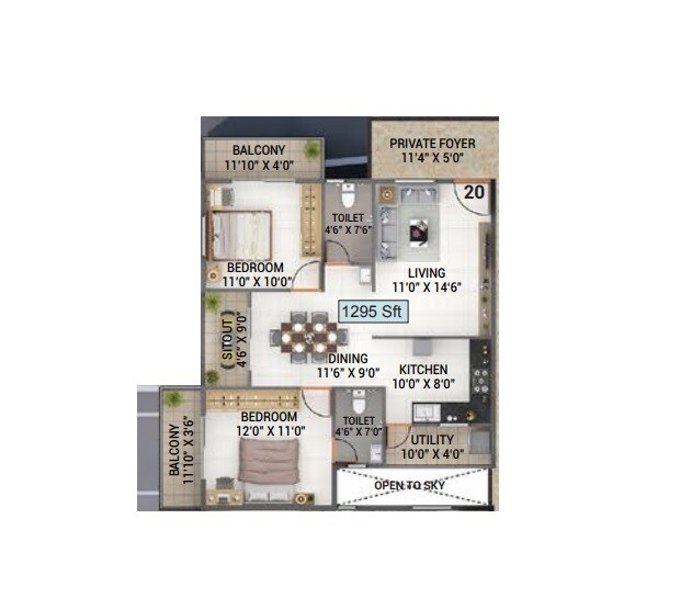 Floor plan of 2 BHK 1295 Sq. Ft. Apartment in Srivari Forest Breeze, Bangalore