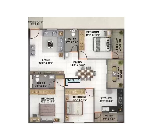 Floor plan of 3 BHK 1450 Sq. Ft. Apartment in Srivari Forest Breeze, Bangalore