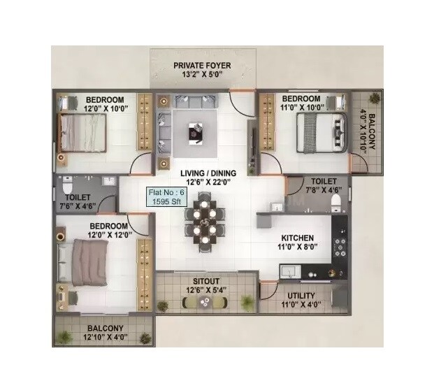Floor plan of 3 BHK 1595 Sq. Ft. Apartment in Srivari Forest Breeze, Bangalore