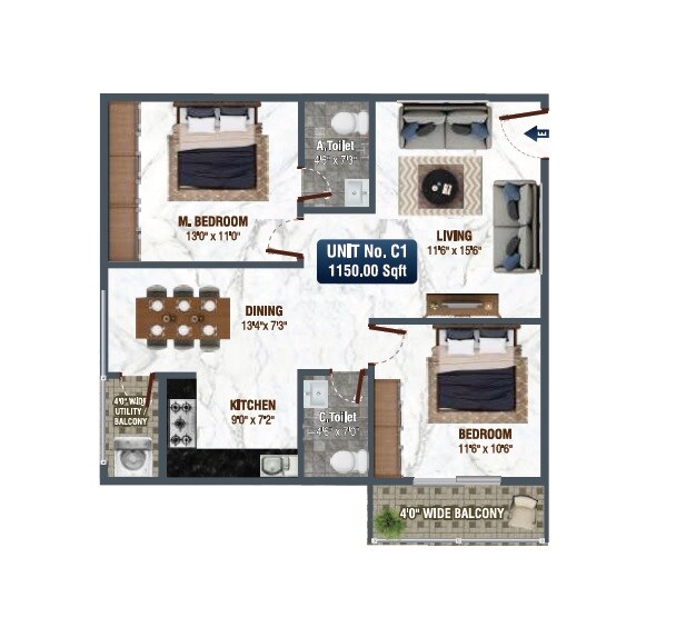 Floor plan of 2 BHK 1150 Sq. Ft. Apartment in Srivari Gracious, Bangalore