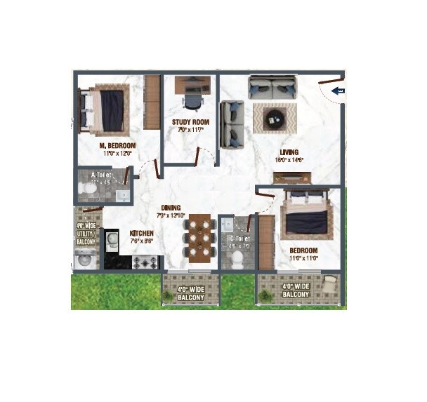 Floor plan of 2 BHK 1350 Sq. Ft. Apartment in Srivari Gracious, Bangalore