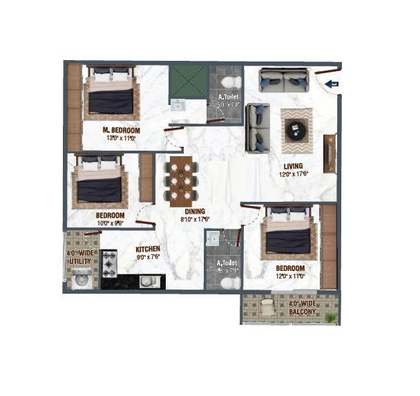 Floor plan of 3 BHK 1410 Sq. Ft. Apartment in Srivari Gracious, Bangalore
