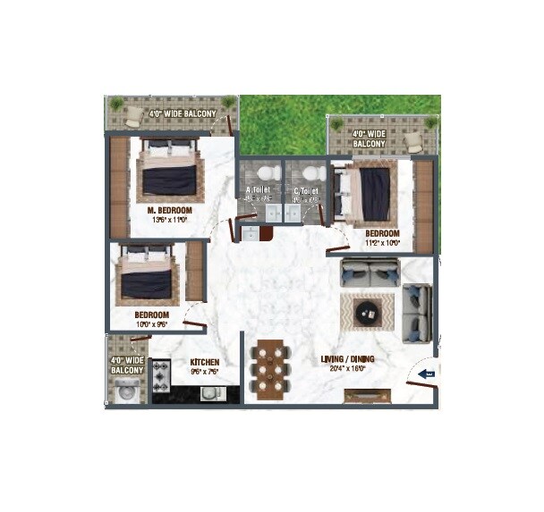 Floor plan of 3 BHK 1590 Sq. Ft. Apartment in Srivari Gracious, Bangalore