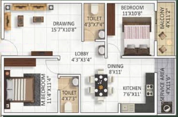 Floor plan of 2 BHK 1050 Sq. Ft. Apartment in Srivari Kutira, Bangalore