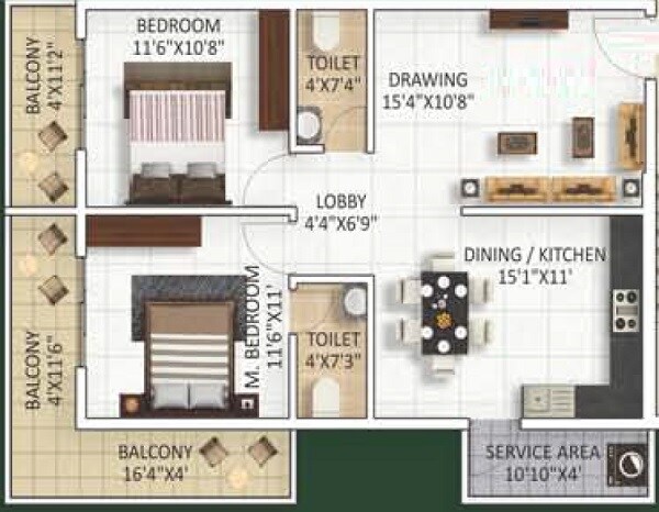 Floor plan of 2 BHK 1250 Sq. Ft. Apartment in Srivari Kutira, Bangalore
