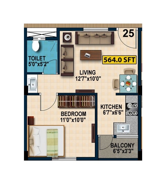 Floor plan of 1 BHK 564 Sq. Ft. Apartment in Sriven Daksha Elite, Bangalore
