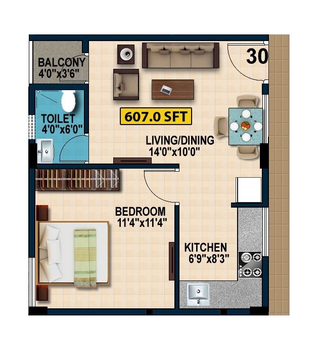 Floor plan of 1 BHK 607 Sq. Ft. Apartment in Sriven Daksha Elite, Bangalore