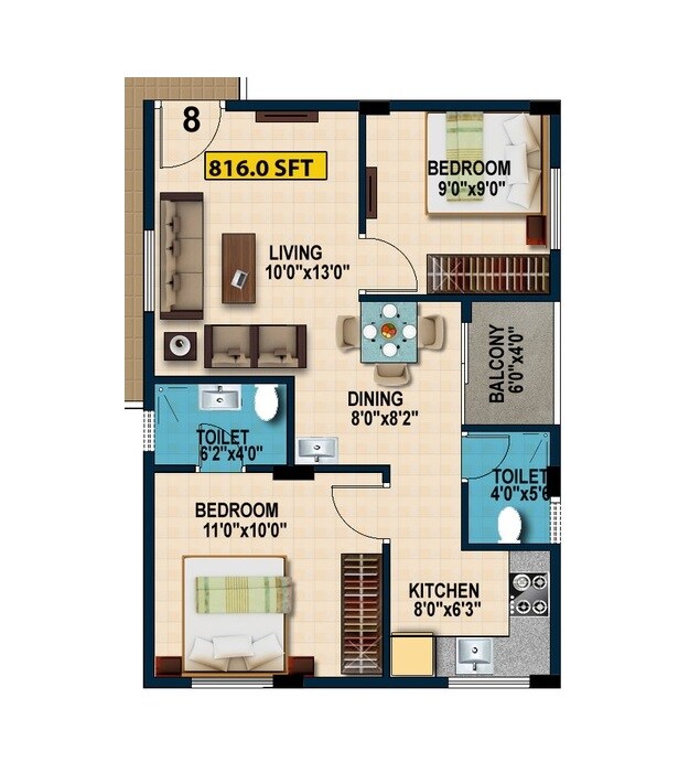 Floor plan of 2 BHK 816 Sq. Ft. Apartment in Sriven Daksha Elite, Bangalore