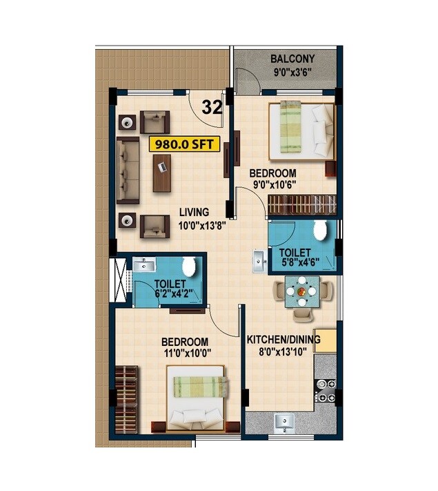 Floor plan of 2 BHK 980 Sq. Ft. Apartment in Sriven Daksha Elite, Bangalore