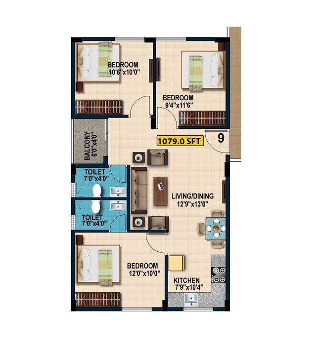 Floor plan of 3 BHK 1079 Sq. Ft. Apartment in Sriven Daksha Elite, Bangalore