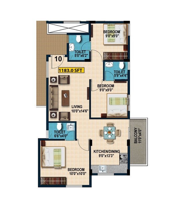 Floor plan of 3 BHK 1183 Sq. Ft. Apartment in Sriven Daksha Elite, Bangalore