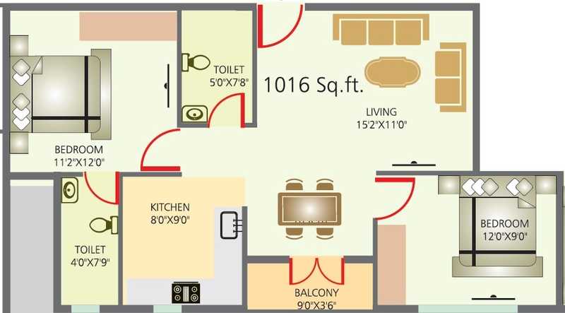 Floor plan of 2 BHK 1016 Sq. Ft. Apartment in Sriven Rag Serenity, Bangalore