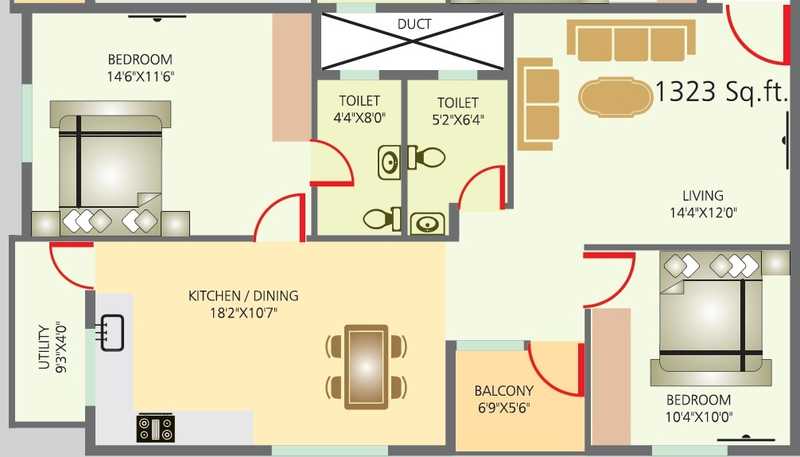 Floor plan of 2 BHK 1323 Sq. Ft. Apartment in Sriven Rag Serenity, Bangalore