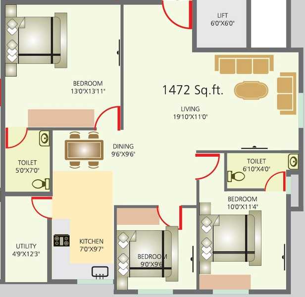 Floor plan of 3 BHK 1472 Sq. Ft. Apartment in Sriven Rag Serenity, Bangalore