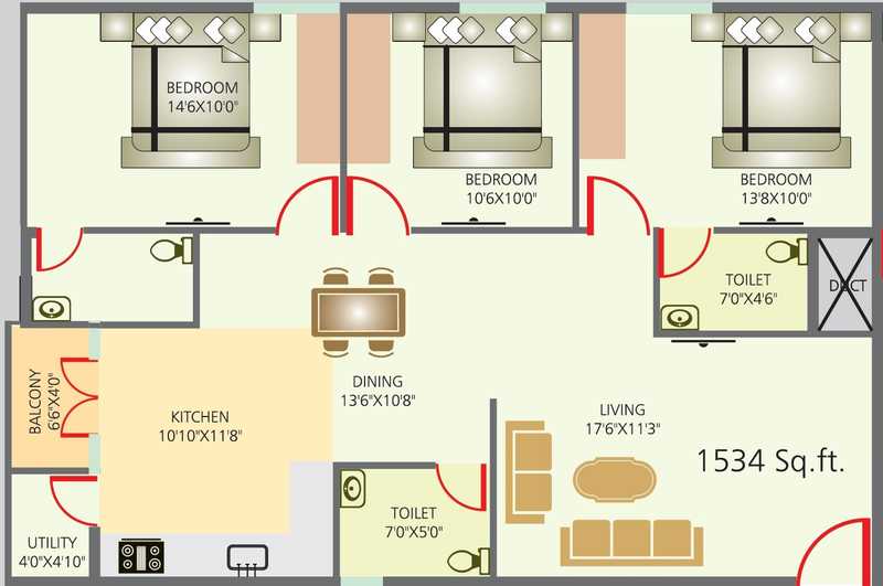Floor plan of 3 BHK 1534 Sq. Ft. Apartment in Sriven Rag Serenity, Bangalore