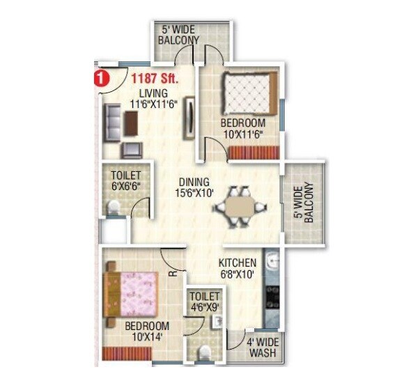Floor plan of 2 BHK Apartment - 1187 sq. ft. in SRS White Pearl, Bangalore