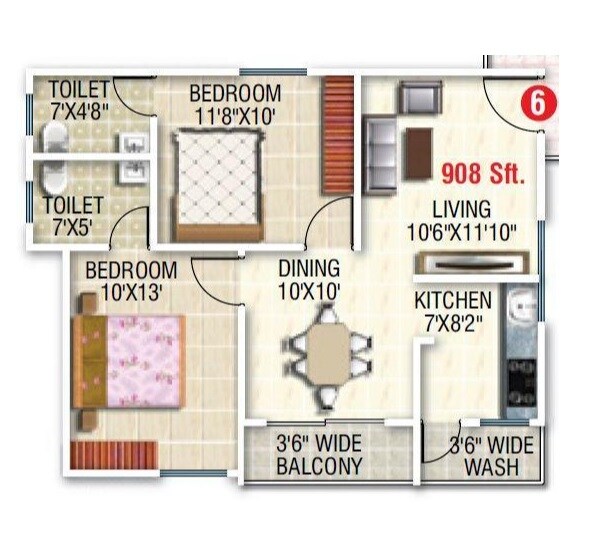 Floor plan of 2 BHK Apartment - 980 sq. ft. in SRS White Pearl, Bangalore