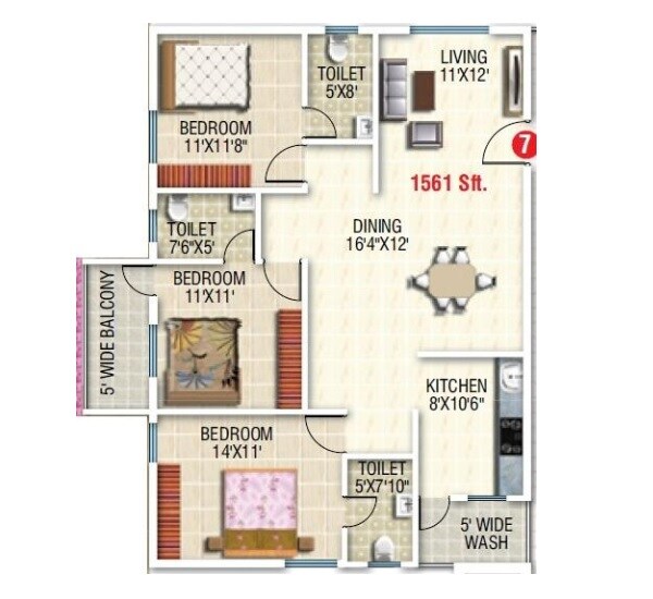 Floor plan of 3 BHK Apartment - 1561 sq. ft. in SRS White Pearl, Bangalore