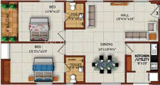 2 BHK 1008 Sq. Ft. Apartment in Sruthika Springfields
