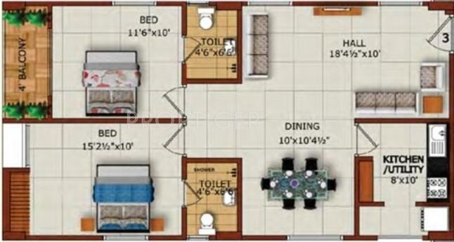 Floor plan of 2 BHK 1008 Sq. Ft. Apartment in Sruthika Springfields, Bangalore