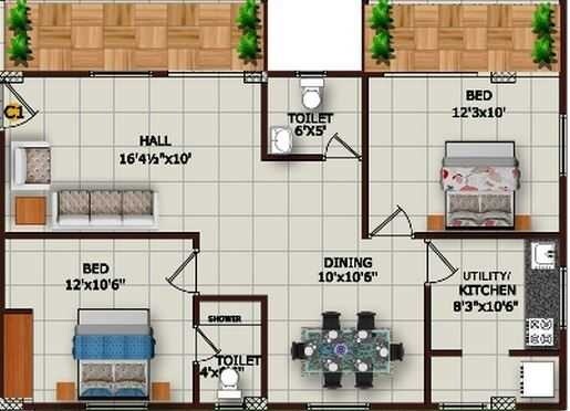 Floor plan of 2 BHK 1125 Sq. Ft. Apartment in Sruthika Springfields, Bangalore