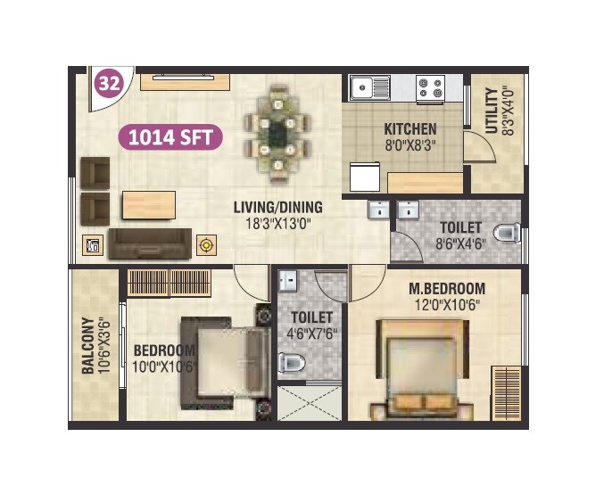 Floor plan of 2 BHK 1014 Sq. Ft. Apartment in SS Brindavanam, Bangalore