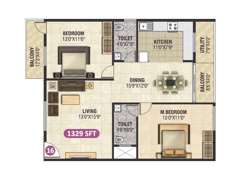 Floor plan of 2 BHK 1329 Sq. Ft. Apartment in SS Brindavanam, Bangalore