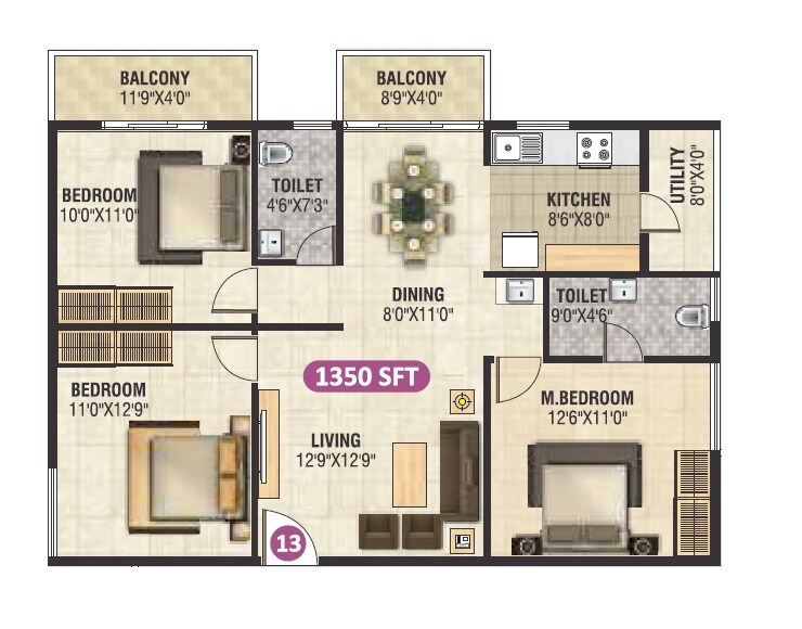 Floor plan of 3 BHK 1350 Sq. Ft. Apartment in SS Brindavanam, Bangalore