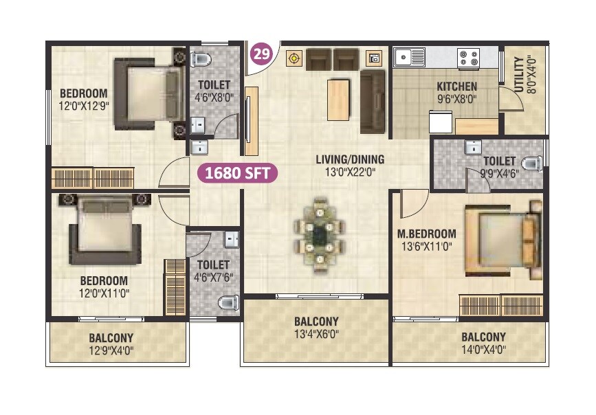 Floor plan of 3 BHK 1680 Sq. Ft. Apartment in SS Brindavanam, Bangalore