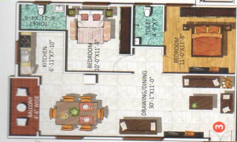 Floor plan of 2 BHK 1141 Sq. Ft. Apartment in SS Brundavanam Apartment, Bangalore