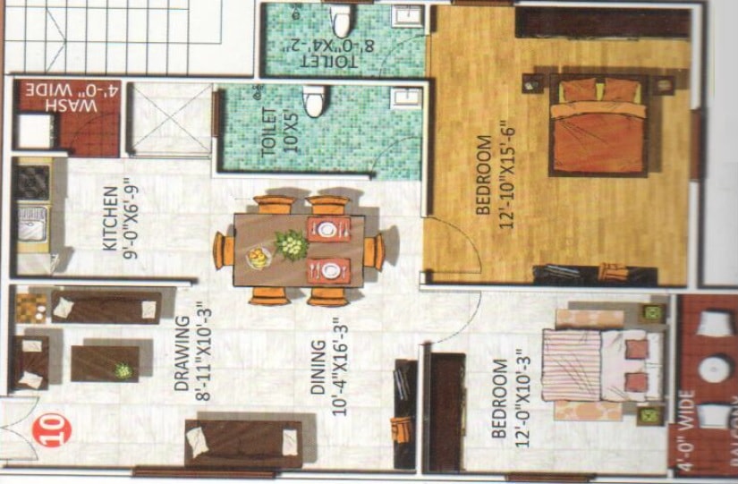 Floor plan of 2 BHK 994 Sq. Ft. Apartment in SS Brundavanam Apartment, Bangalore