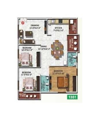 Floor plan of 3 BHK 1345 Sq. Ft. Apartment in SS Brundavanam Apartment, Bangalore
