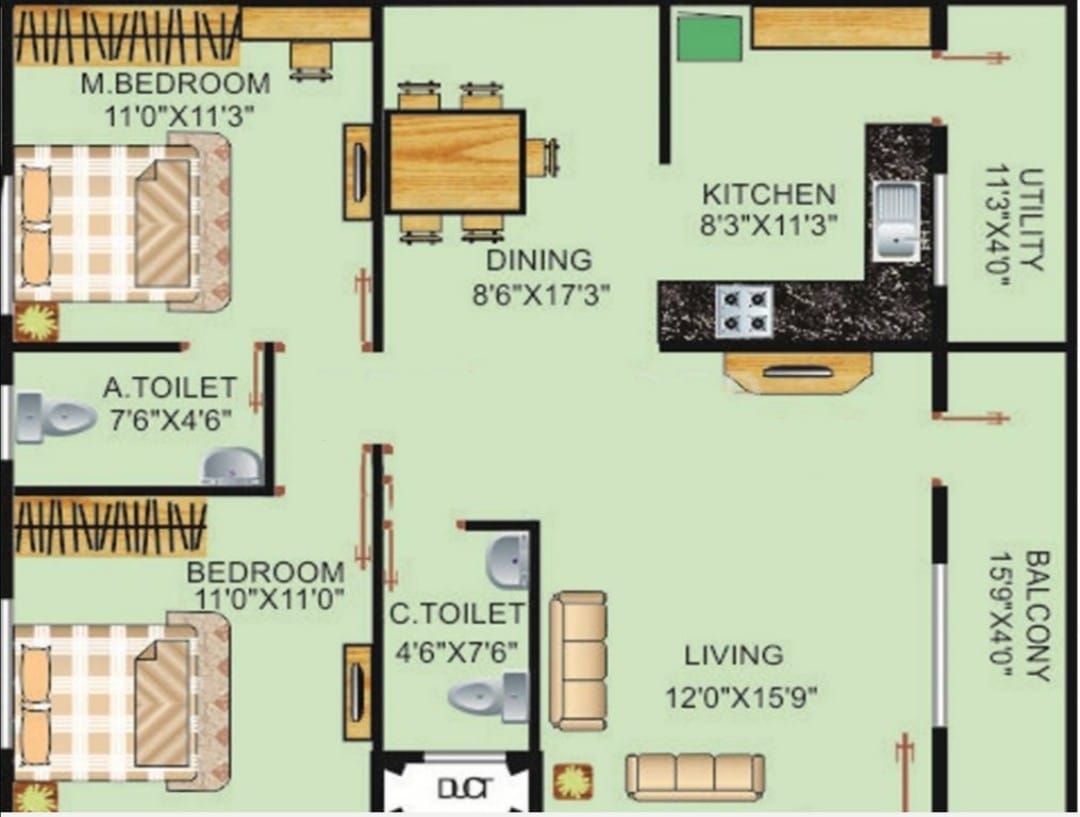 Floor plan of 2 BHK 1155 Sq. Ft. Apartment in SS Elizaa, Bangalore