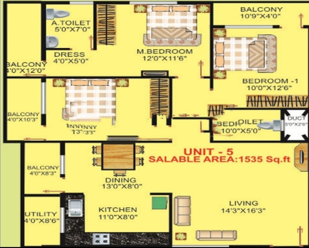 Floor plan of 3 BHK 1535 Sq. Ft. Apartment in SS Elizaa, Bangalore