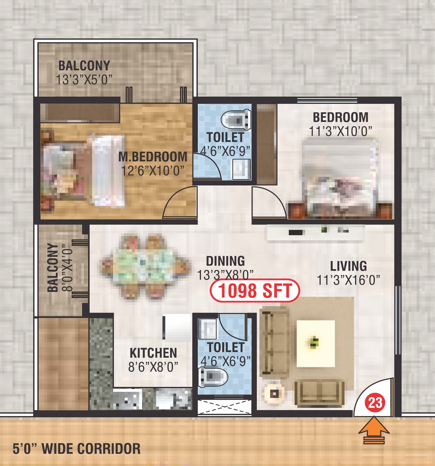 Floor plan of 2 BHK 1098 Sq. Ft. Apartment in SS Prakruthi Meadows, Bangalore