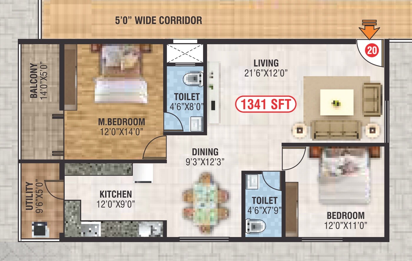 Floor plan of 2 BHK 1341 Sq. Ft. Apartment in SS Prakruthi Meadows, Bangalore