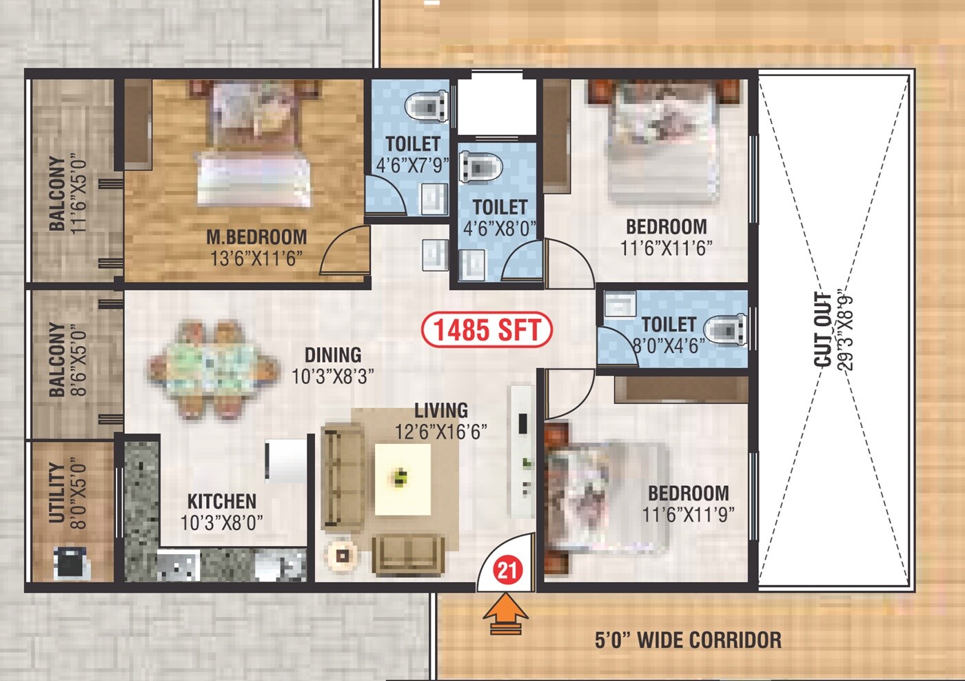 Floor plan of 3 BHK 1485 Sq. Ft. Apartment in SS Prakruthi Meadows, Bangalore