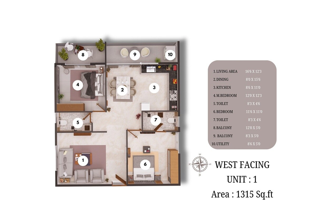 Floor plan of 2 BHK 1315 Sq. Ft. Apartment in SS Serenity Sarjapur, Bangalore
