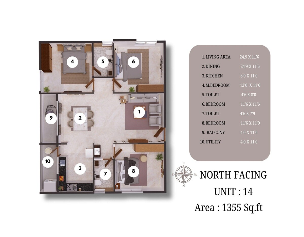 Floor plan of 3 BHK 1355 Sq. Ft. Apartment in SS Serenity Sarjapur, Bangalore