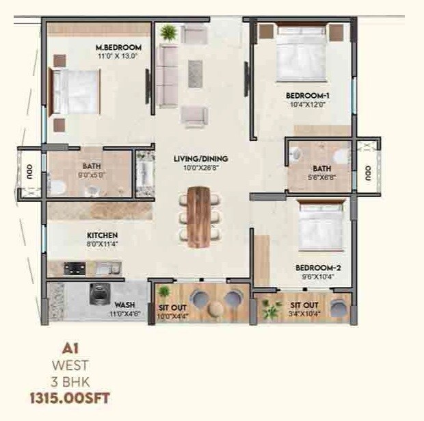 3 BHK 1315 Sq. Ft. Apartment