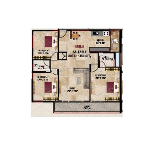 Floor plan of 3 BHK 1450 Sq. Ft. Apartment in SSL Keerthana Shelters, Bangalore