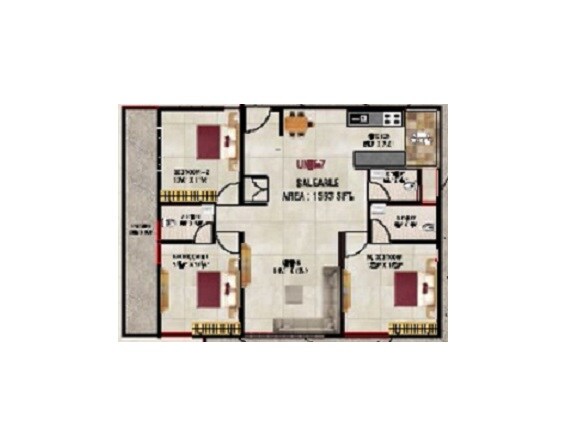 Floor plan of 3 BHK 1593 Sq. Ft. Apartment in SSL Keerthana Shelters, Bangalore