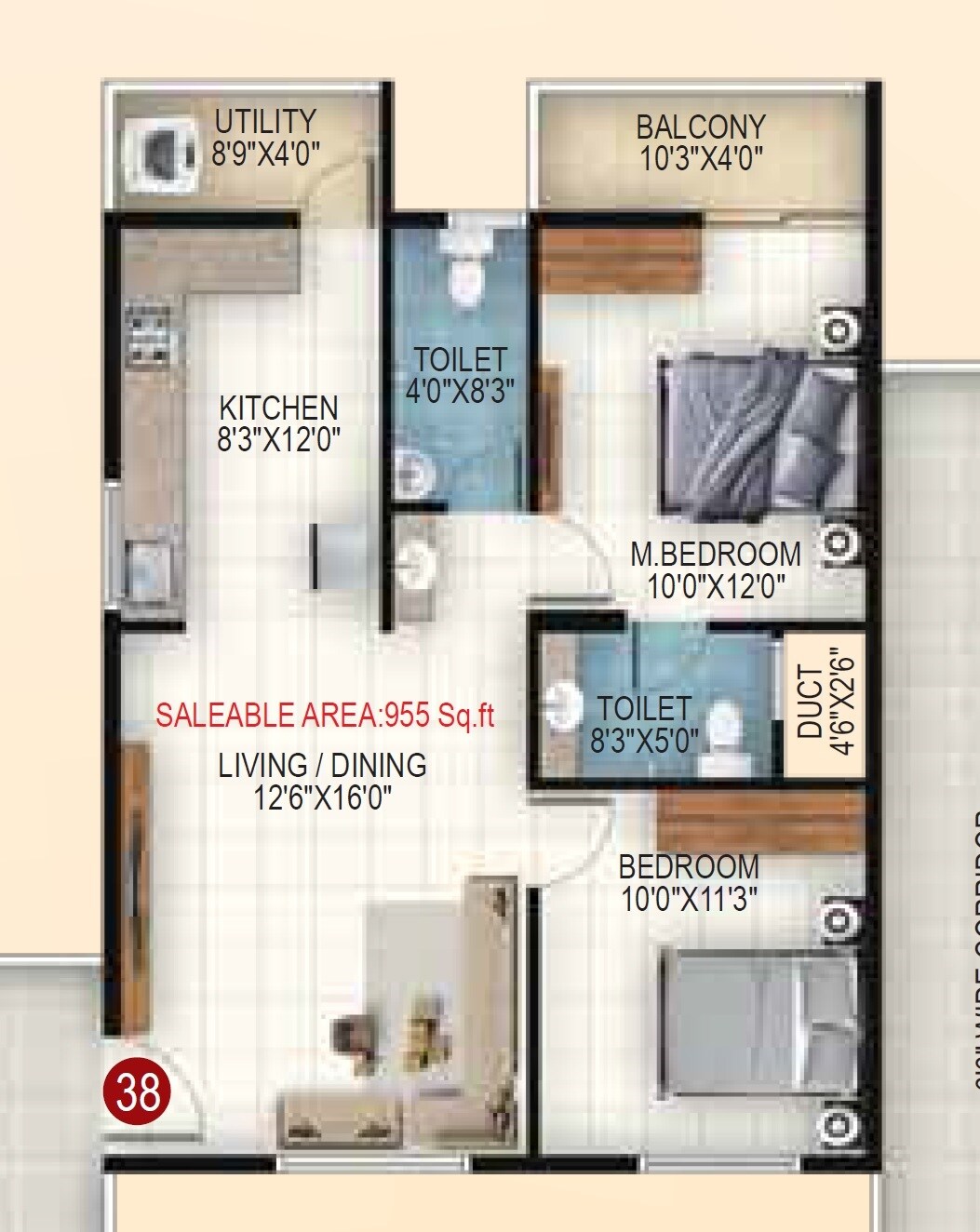 Floor plan of 2 BHK 955 Sq. Ft. Apartment in SSV Green Park, Bangalore