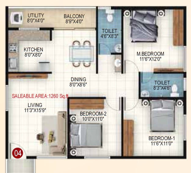 3 BHK 1260 Sq. Ft. Apartment
