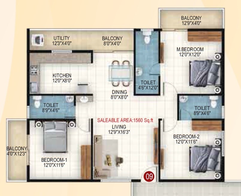 3 BHK 1560 Sq. Ft. Apartment