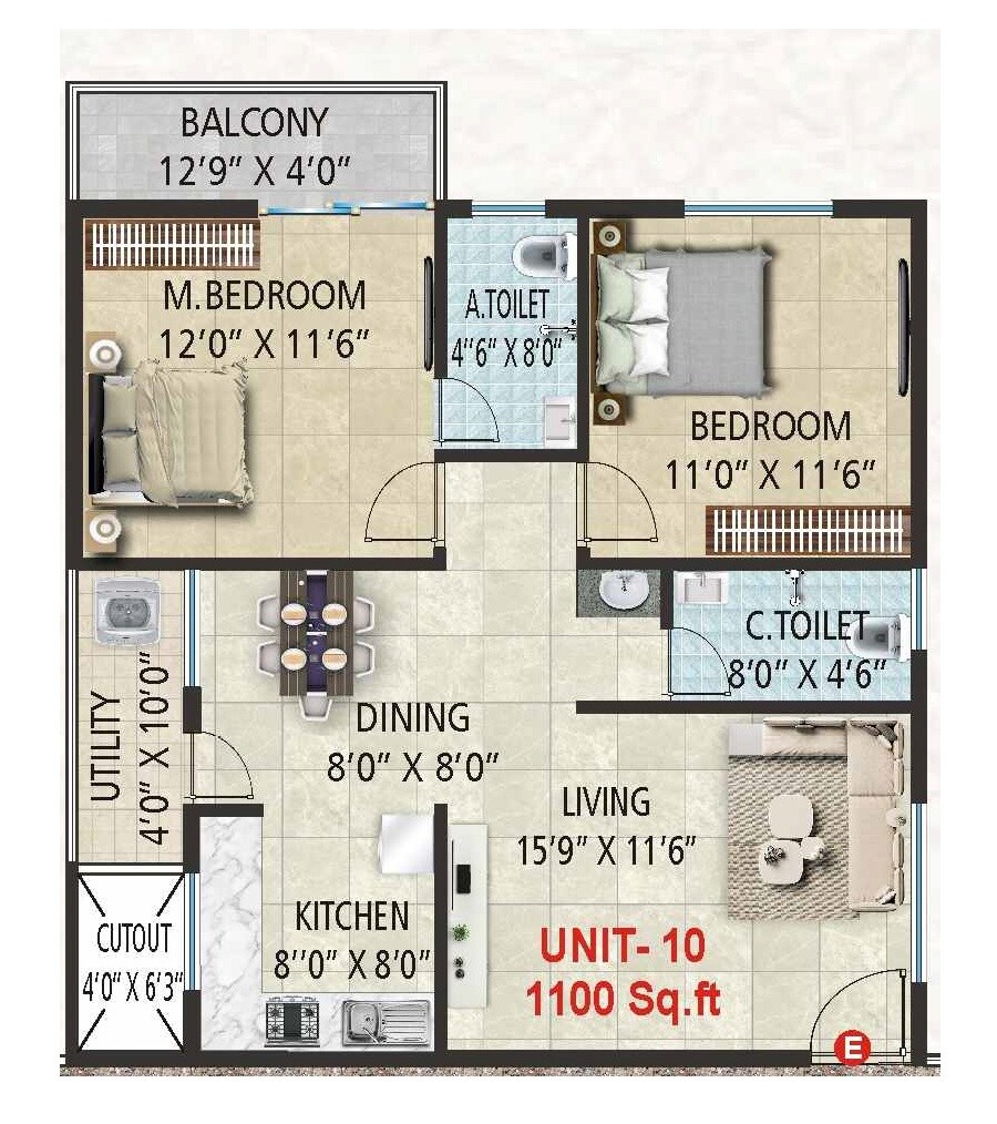 Floor plan of 2 BHK 1100 Sq. Ft. Apartment in SSVD Divine, Bangalore