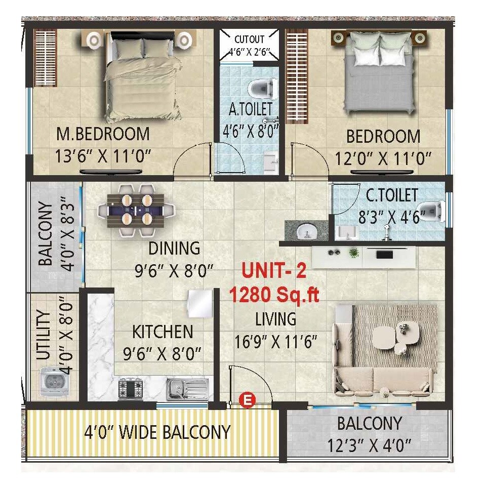 Floor plan of 2 BHK 1280 Sq. Ft. Apartment in SSVD Divine, Bangalore