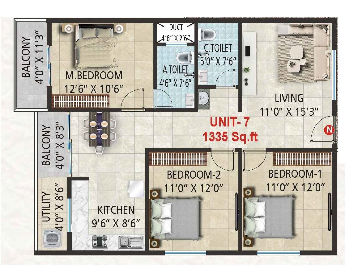 Floor plan of 3 BHK 1355 Sq. Ft. Apartment in SSVD Divine, Bangalore
