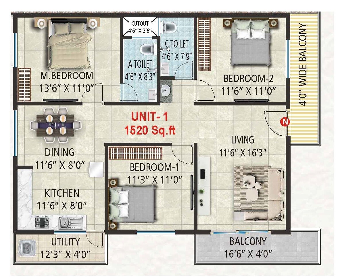 Floor plan of 3 BHK 1520 Sq. Ft. Apartment in SSVD Divine, Bangalore