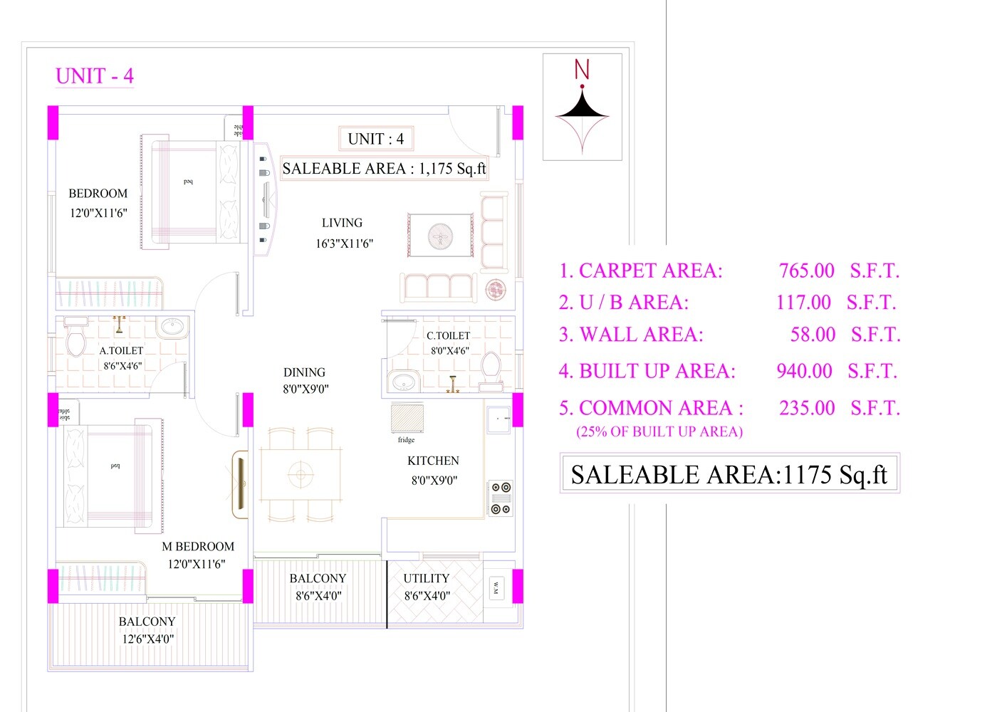 Floor plan of 2 BHK 1175 Sq. Ft. Apartment in SSVD Gokulam, Bangalore